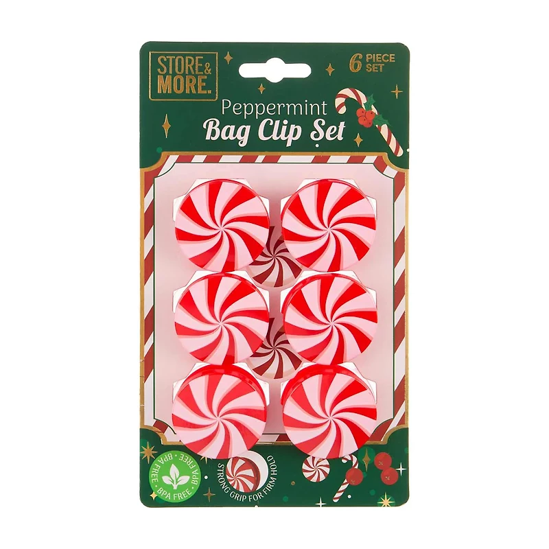 Store & More Christmas Peppermint Bag Clip Set, 6 ct