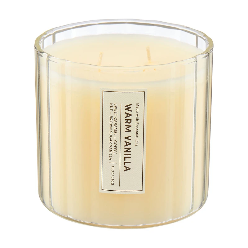 Ribbed Glass Scented Candle, Warm Vanilla, 18 oz