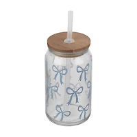 Bow Print Glass Tumbler with Lid, Assorted
