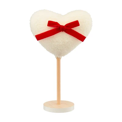 White Bouclé Heart Bow Wooden Stand, 9 in