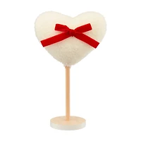 White Bouclé Heart Bow Wooden Stand, 9 in