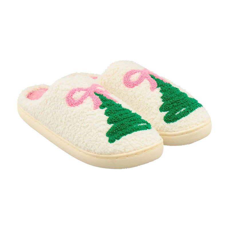 Women's Holiday Tree & Pink Bow Slippers, Small