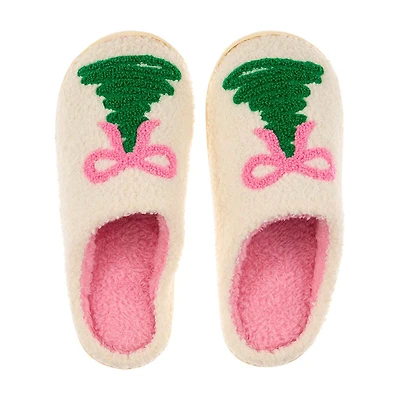 Women's Holiday Tree & Pink Bow Slippers, Medium