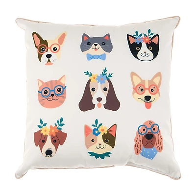 Whimsical Dog & Cat Print Outdoor Throw Pillow, 18x18 in