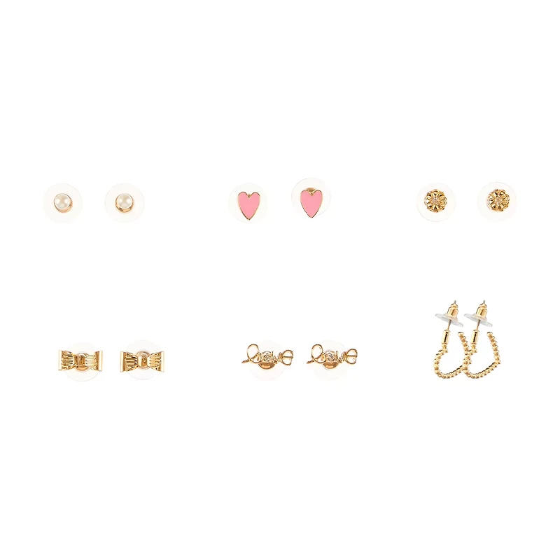 Happy Valentine's Day Goldtone Bow, Hearts, & "Love" Earring Set, 6 pairs