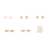 Happy Valentine's Day Goldtone Bow, Hearts, & "Love" Earring Set, 6 pairs