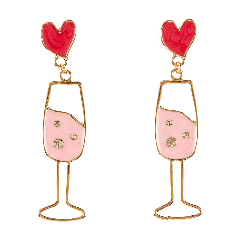 Happy Valentine's Day Goldtone Champagne Glass Drop Earring