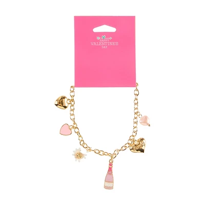 Happy Valentine's Day Goldtone Champagne Bottle, Hearts, & Flower Charm Bracelet