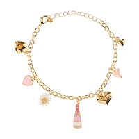 Happy Valentine's Day Goldtone Champagne Bottle, Hearts, & Flower Charm Bracelet