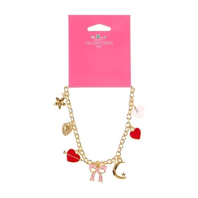 Happy Valentine's Day Goldtone Bow, Moon, & Hearts Charm Bracelet