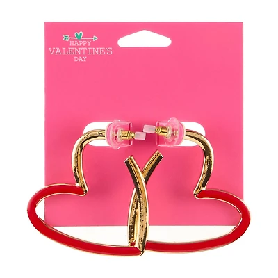 Happy Valentine's Day Goldtone Red Epoxy Heart Shaped Hoop Earring