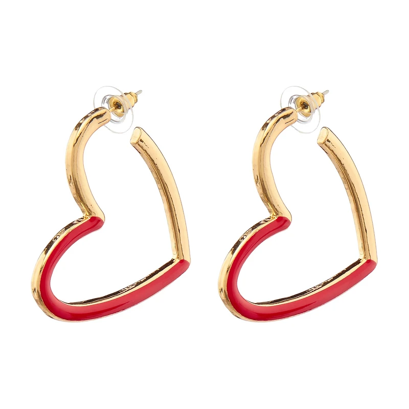 Happy Valentine's Day Goldtone Red Epoxy Heart Shaped Hoop Earring