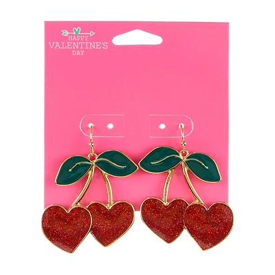 Happy Valentine's Day Goldtone Heart Shaped Cherry Drop Earring