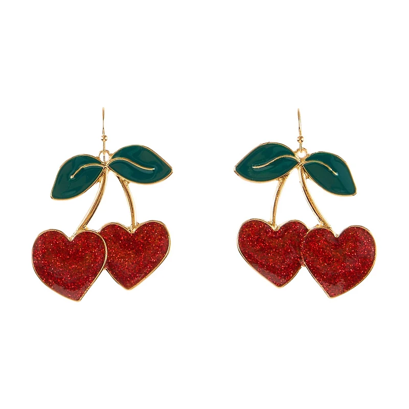 Happy Valentine's Day Goldtone Heart Shaped Cherry Drop Earring