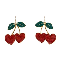 Happy Valentine's Day Goldtone Heart Shaped Cherry Drop Earring