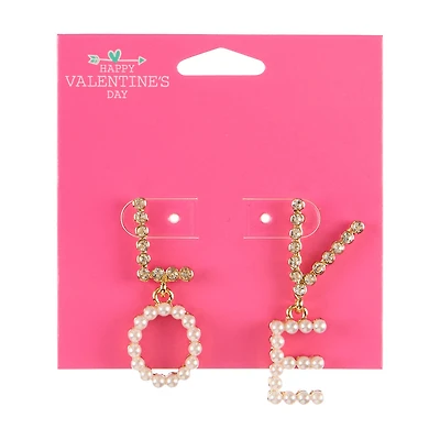 Happy Valentine's Day Goldtone "Love" Stone and Acrylic Pearl Drop Earring