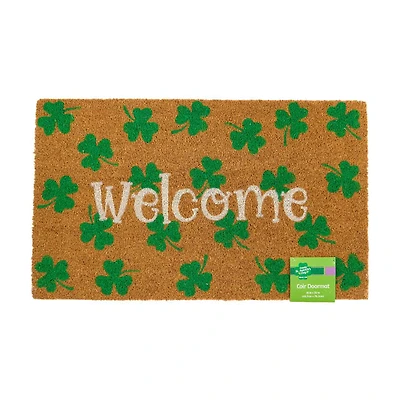 St. Patrick's Day Green Shamrock "Welcome" Coir Doormat, 18x30 in