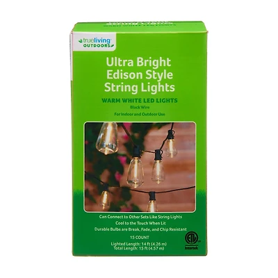 True Living Outdoors Ultra Bright Edison Style String Lights, Warm White LED, 15 ct