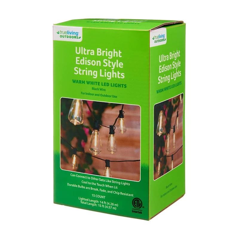 True Living Outdoors Ultra Bright Edison Style String Lights, Warm White LED, 15 ct