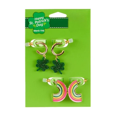 Happy St. Patrick's Day Goldtone Shamrock and Rainbow Duo Earring Set