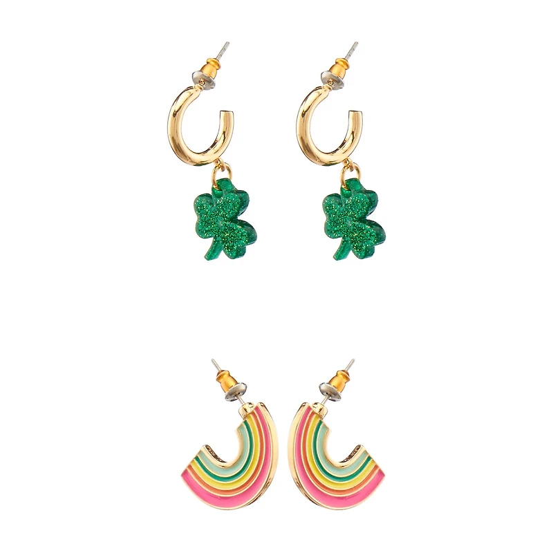 Happy St. Patrick's Day Goldtone Shamrock and Rainbow Duo Earring Set