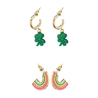 Happy St. Patrick's Day Goldtone Shamrock and Rainbow Duo Earring Set