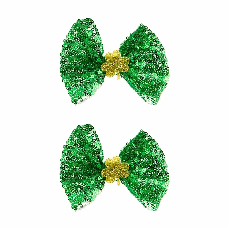 Happy St. Patrick's Day Green Sequined Bow Tie Hair Clip Set