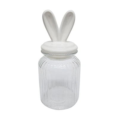 Easter Ribbed Glass Canister with Ceramic Bunny Ears Lid, Small