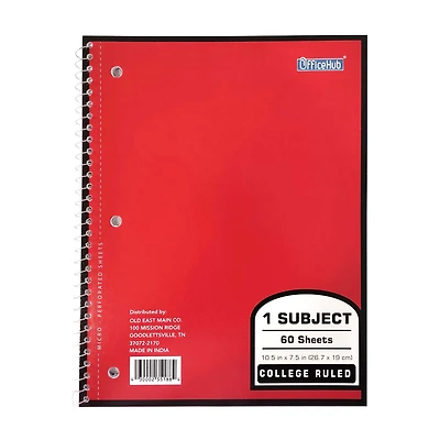 Office Hub 1-Subject College Ruled Notebook, 60 Sheets
