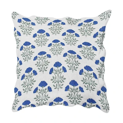 Embroidered Floral Pillow, Cream and Blue, 18x18 in