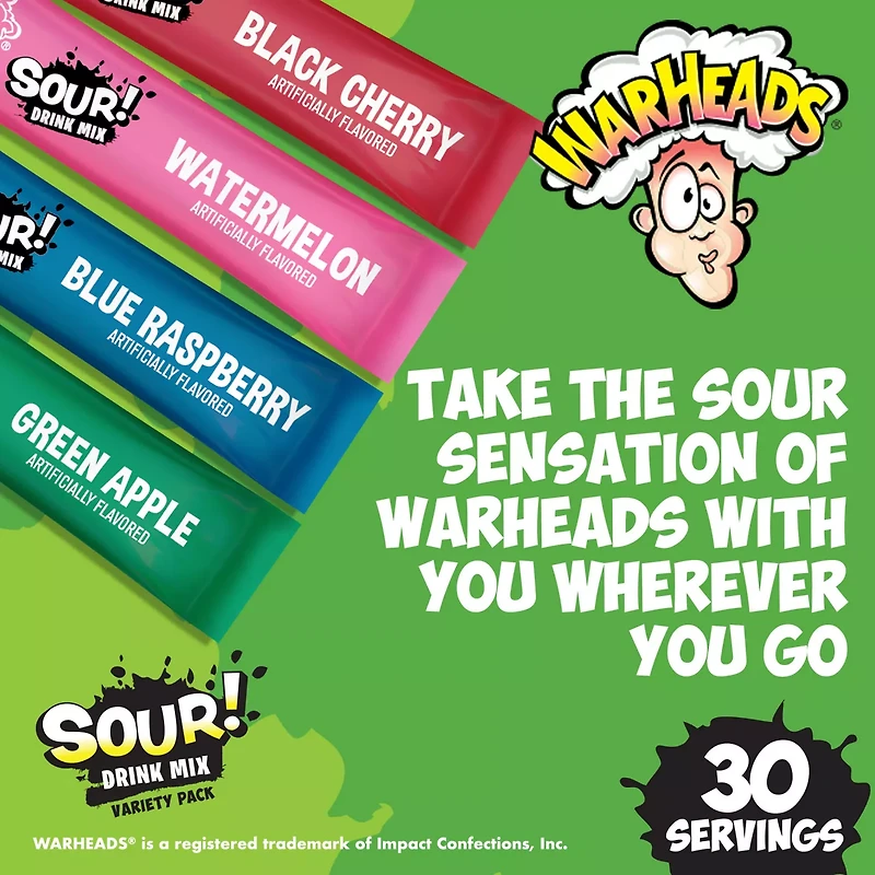 Warheads Sour! Drink Mix Sticks, Zero Sugar Variety Pack, 30 ct