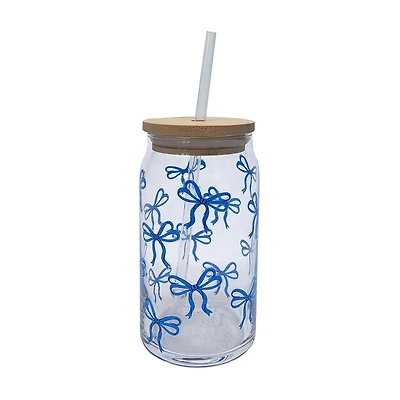 Glass Mason Jar Cup with Straw, Bow Pattern