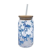 Glass Mason Jar Cup with Straw, Bow Pattern