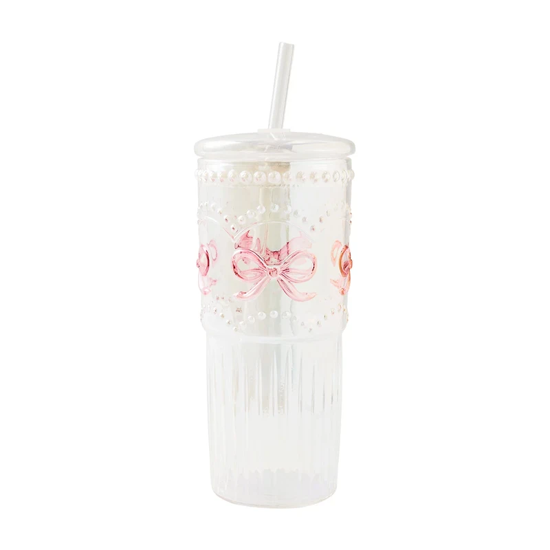 Medici Iridescent Glass Bow Tumbler with Straw, 22 oz