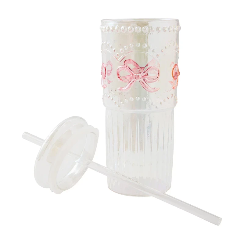 Medici Iridescent Glass Bow Tumbler with Straw, 22 oz