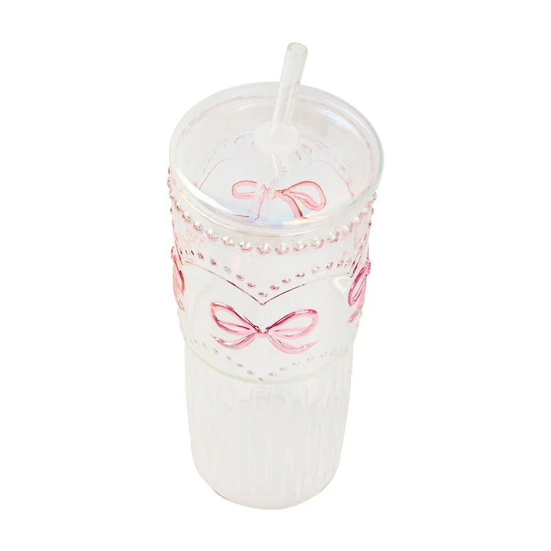 Medici Iridescent Glass Bow Tumbler with Straw, 22 oz