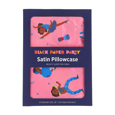 Black Paper Party Women Print Pink Satin Standard Pillowcase, 26x20 in