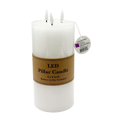 LED White Pillar Candle, 3 Bulb, 8 in