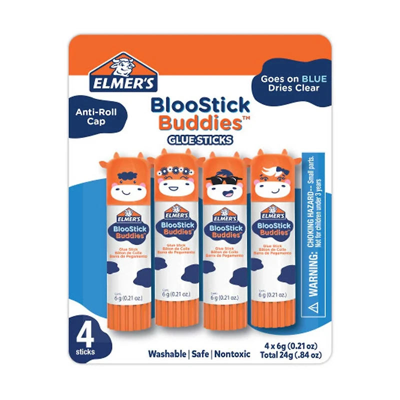 Elmer's BlooStick Buddies Glue Sticks, Disappearing Blue Glue Stick, Anti-Roll Cap, 6g, 4 Count