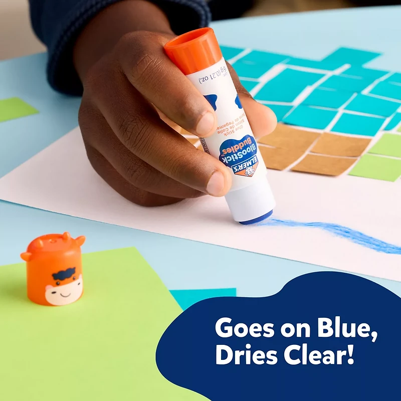 Elmer's BlooStick Buddies Glue Sticks, Disappearing Blue Glue Stick, Anti-Roll Cap, 6g, 4 Count