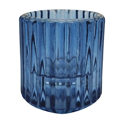 Blue Ribbed Glass Candle Holder