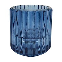 Blue Ribbed Glass Candle Holder