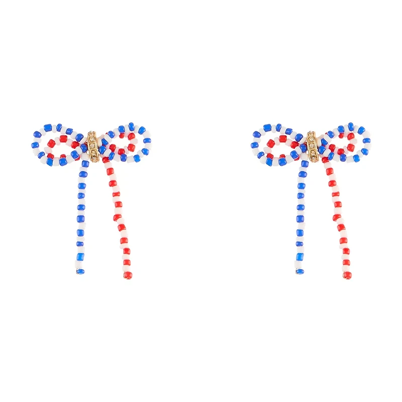 Patriotic Red White & Blue Beaded Bow Post Earring
