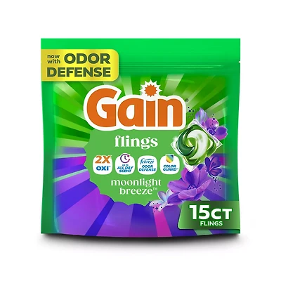 Gain Flings Washing Detergent Pacs with Odor Defense + Color Guard, Moonlight Breeze Scent, 15 ct