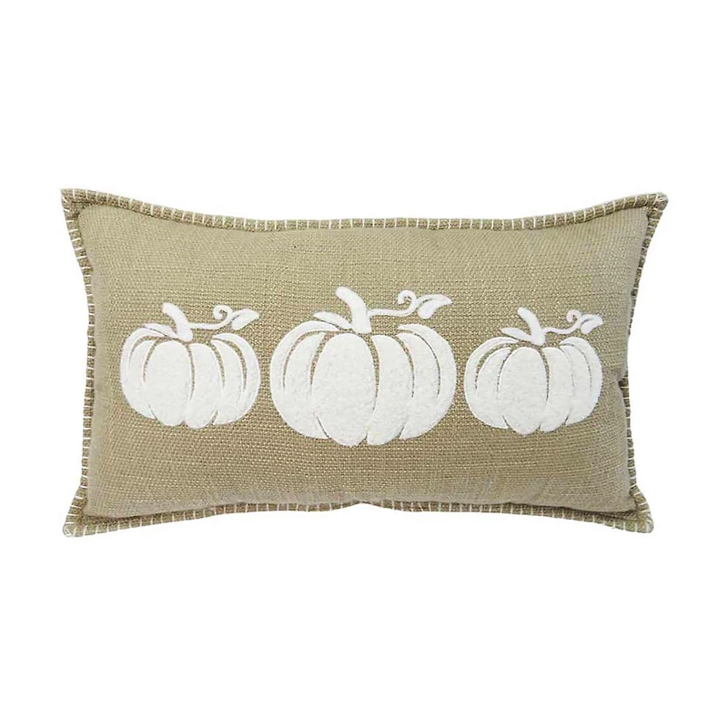 Harvest Tan and White Pumpkin Trio Fabric Lumbar Pillow, 12x20 in