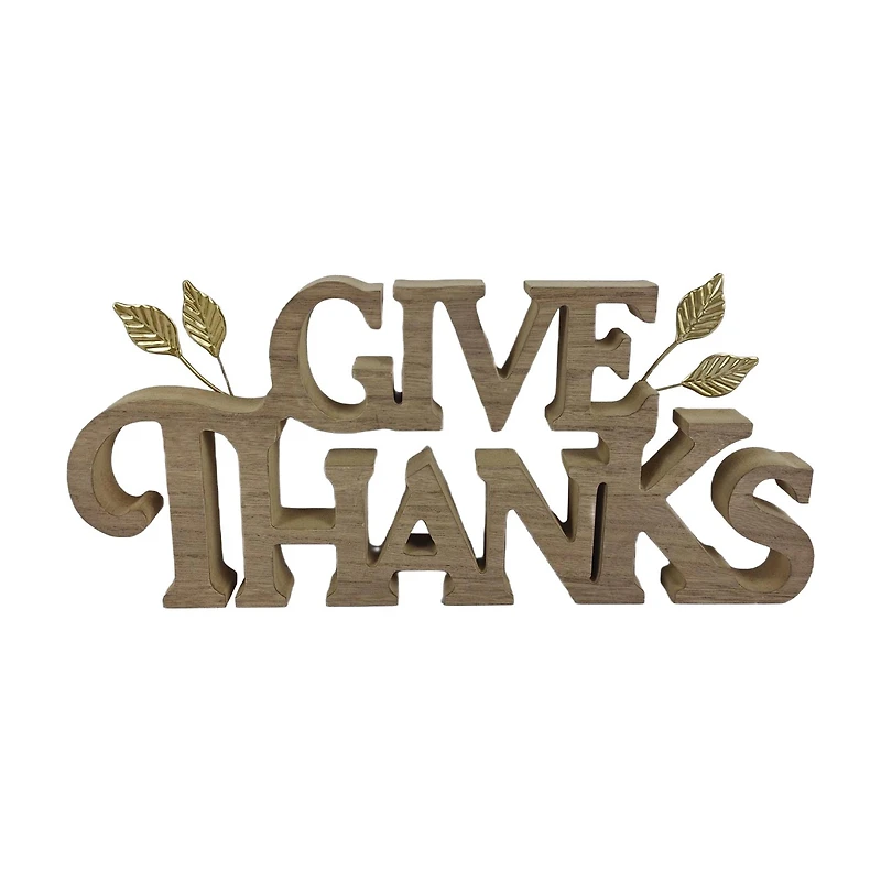 "Give Thanks" Brown & Gold Wood Tabletop Sign, 14x6 in