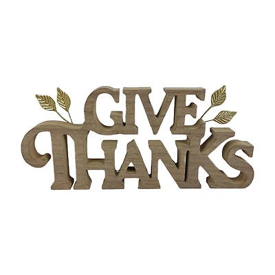 "Give Thanks" Brown & Gold Wood Tabletop Sign, 14x6 in