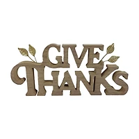 "Give Thanks" Brown & Gold Wood Tabletop Sign, 14x6 in