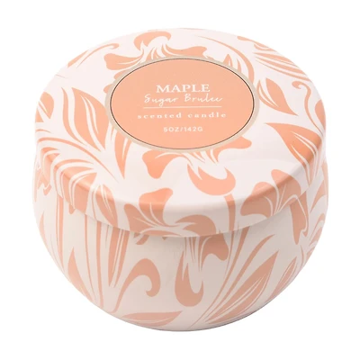 Maple Sugar Brulee Scented Orange & White Tin Candle, 5 oz