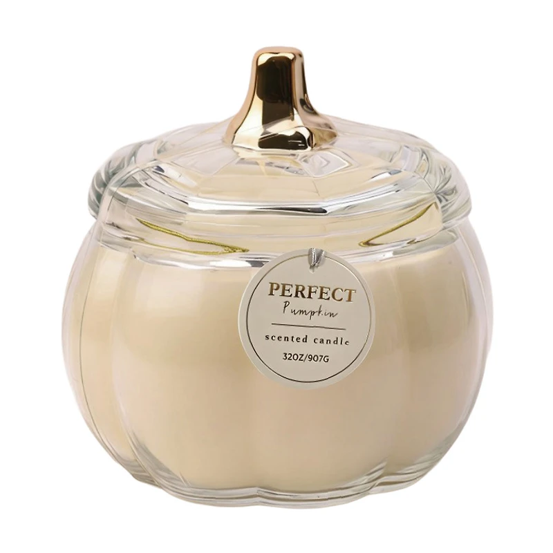Perfect Pumpkin Scented Clear & Gold Pumpkin Shape Glass Candle, 32 oz